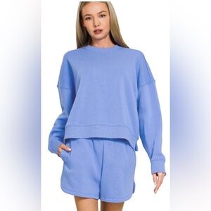 Zenana Fleece Long Sleeve Sweatshirt and Shorts Set Blue